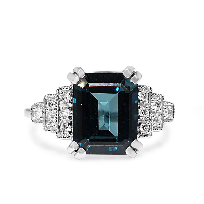 9ct White Gold London Blue Topaz And Diamond Deco Style Ring