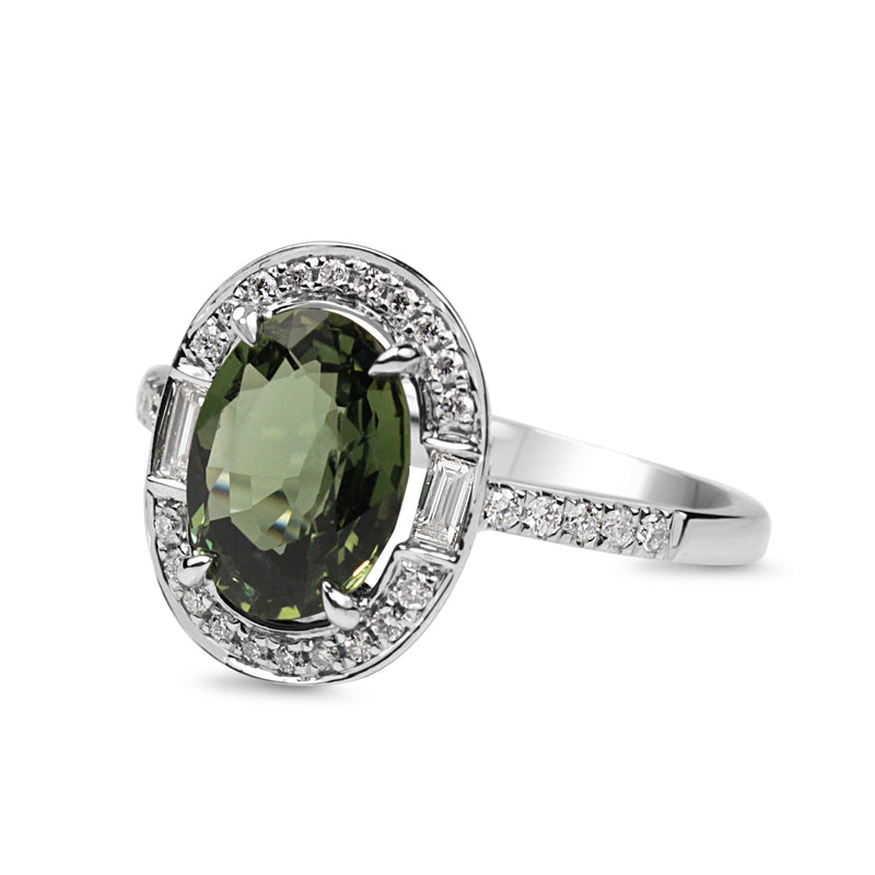 18ct White Gold Deco Style Green Sapphire And Diamond Halo Ring