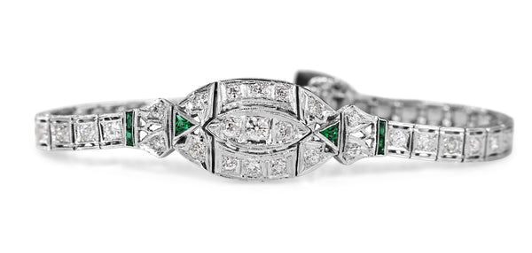 18ct White Gold and Platinum Art Deco Emerald and Diamond Bracelet