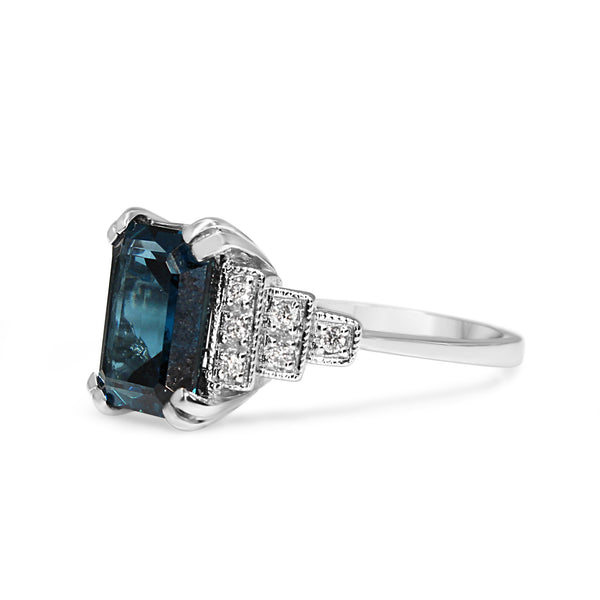 9ct White Gold London Blue Topaz And Diamond Deco Style Ring