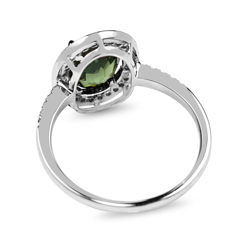 18ct White Gold Deco Style Green Sapphire And Diamond Halo Ring