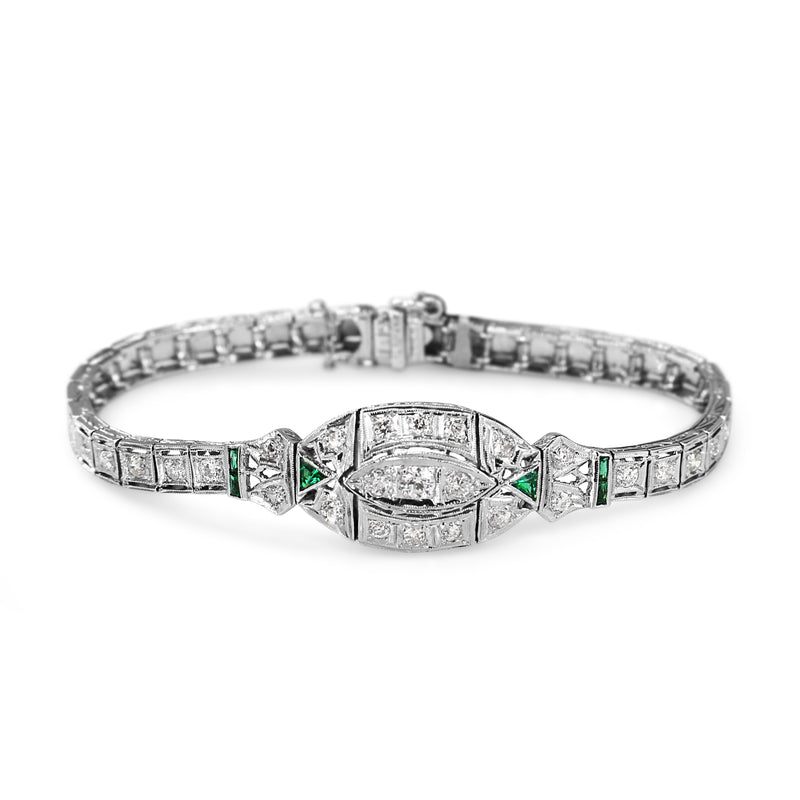 18ct White Gold and Platinum Art Deco Emerald and Diamond Bracelet