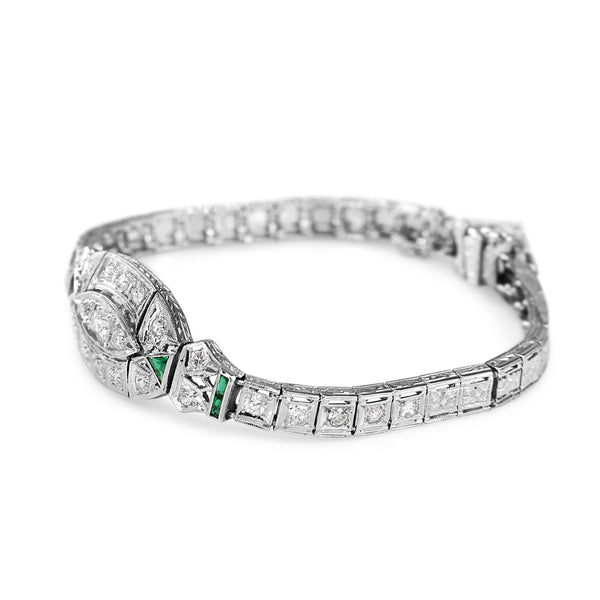 18ct White Gold and Platinum Art Deco Emerald and Diamond Bracelet