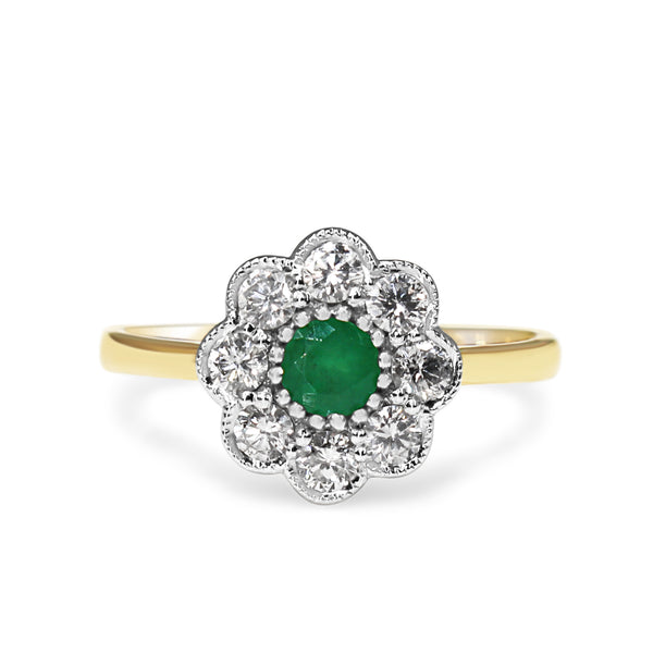 9ct Yellow and White Gold Emerald and Diamond Daisy Ring