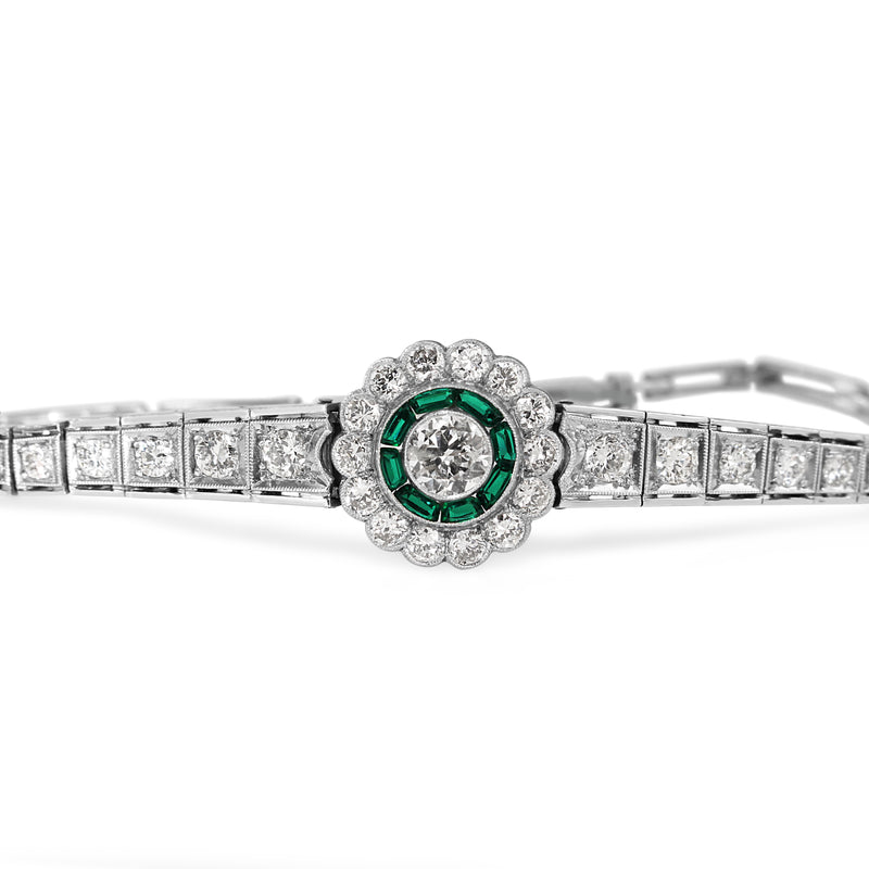 Platinum Art Deco Emerald and Diamond Daisy Flower Bracelet