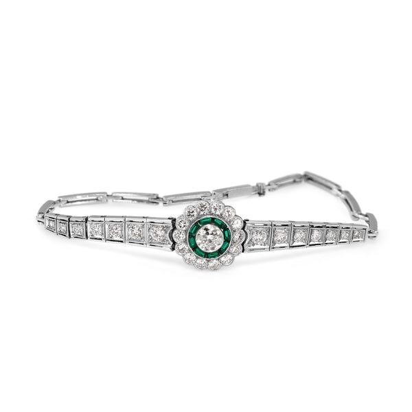 Platinum Art Deco Emerald and Diamond Daisy Flower Bracelet