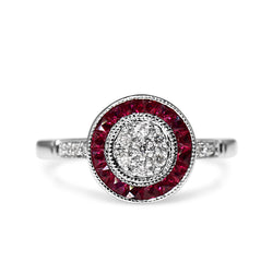 9ct White Gold Diamond Cluster and Ruby Halo Deco Style Ring