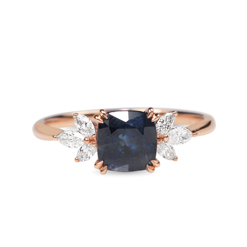 18ct Rose Gold Cushion Sapphire and Marquise Diamond Ring