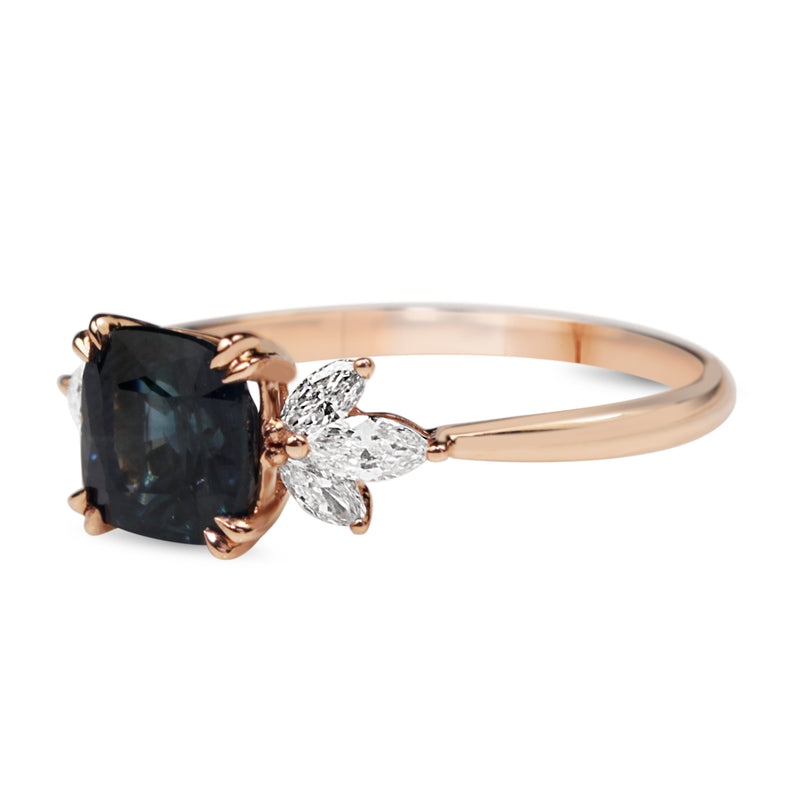 18ct Rose Gold Cushion Sapphire and Marquise Diamond Ring