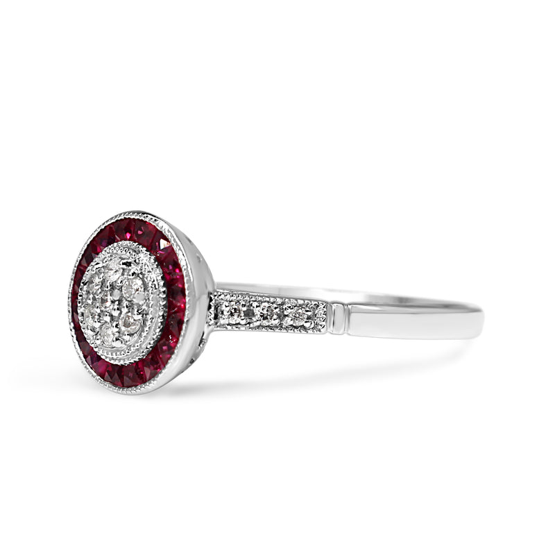 9ct White Gold Diamond Cluster and Ruby Halo Deco Style Ring