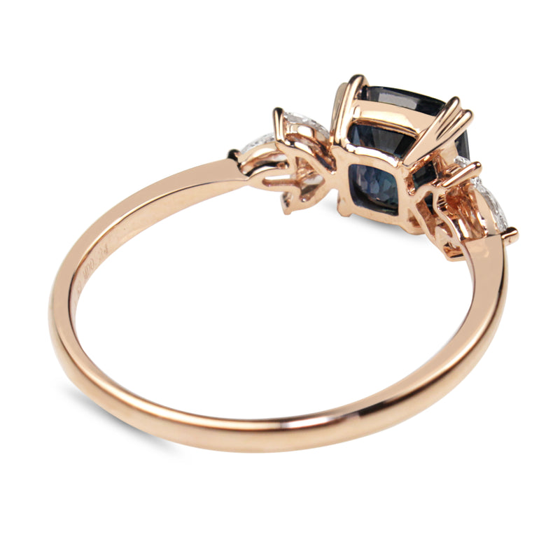 18ct Rose Gold Cushion Sapphire and Marquise Diamond Ring