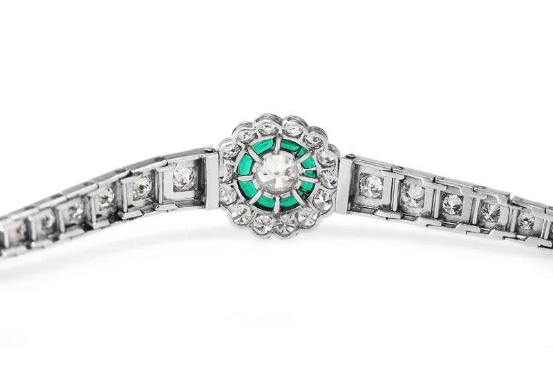 Platinum Art Deco Emerald and Diamond Daisy Flower Bracelet