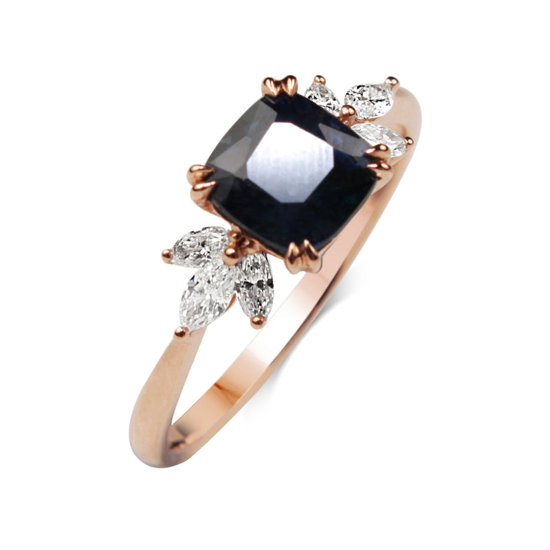 18ct Rose Gold Cushion Sapphire and Marquise Diamond Ring