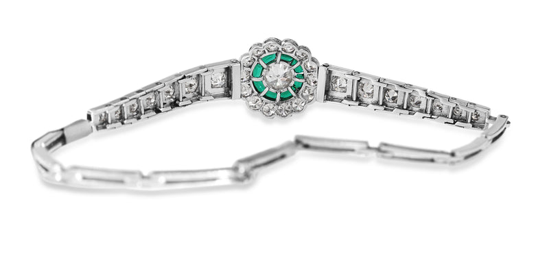 Platinum Art Deco Emerald and Diamond Daisy Flower Bracelet