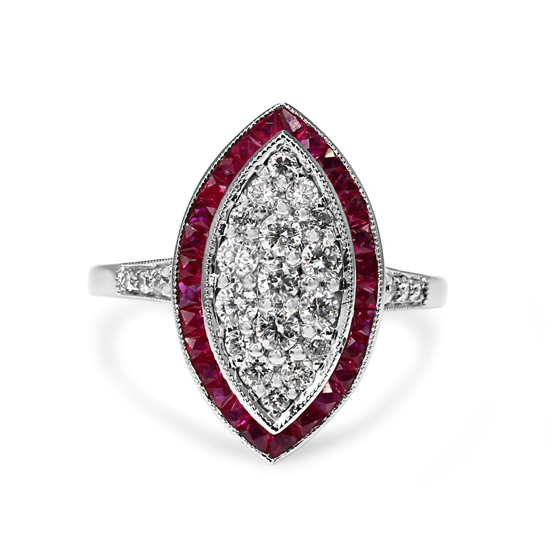 9ct White Gold Ruby and Diamond Marquise Deco Style Ring