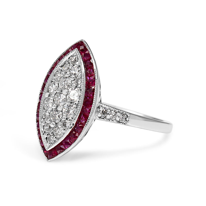 9ct White Gold Ruby and Diamond Marquise Deco Style Ring