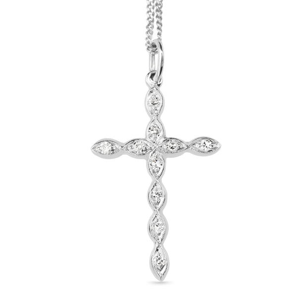 14ct White Gold Vintage Single Cut Diamond Cross Necklace