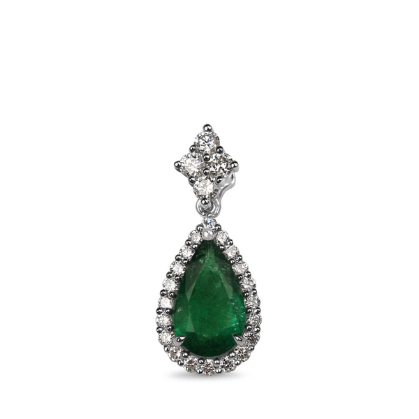 18ct White Gold Pear Emerald and Diamond Halo Pendant