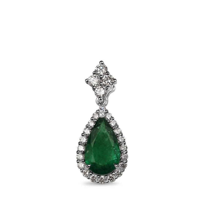 18ct White Gold Pear Emerald and Diamond Halo Pendant