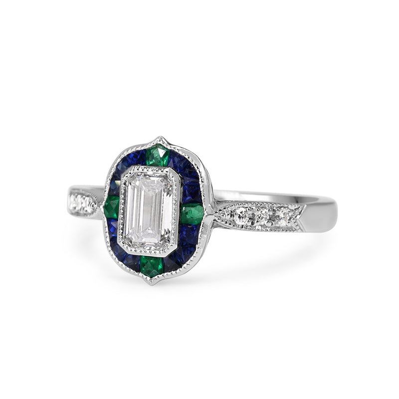 Platinum Emerald Cut Diamond with Sapphire and Emerald Art Deco Style Halo