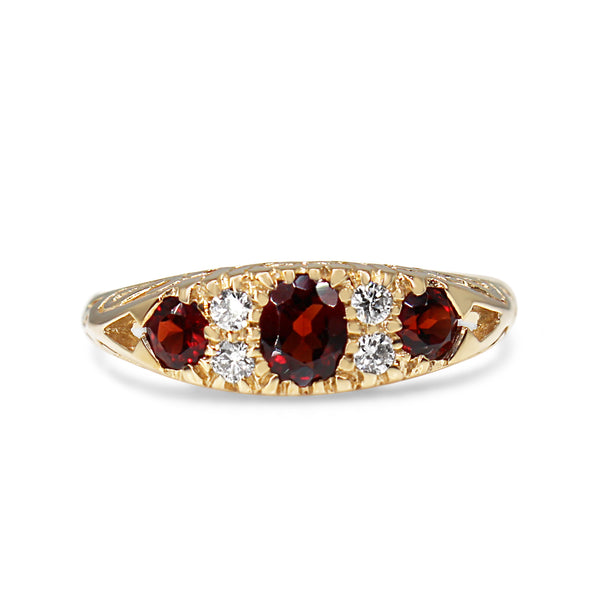 9ct Yellow Gold Antique Style 3 Stone Garnet and Diamond Ring