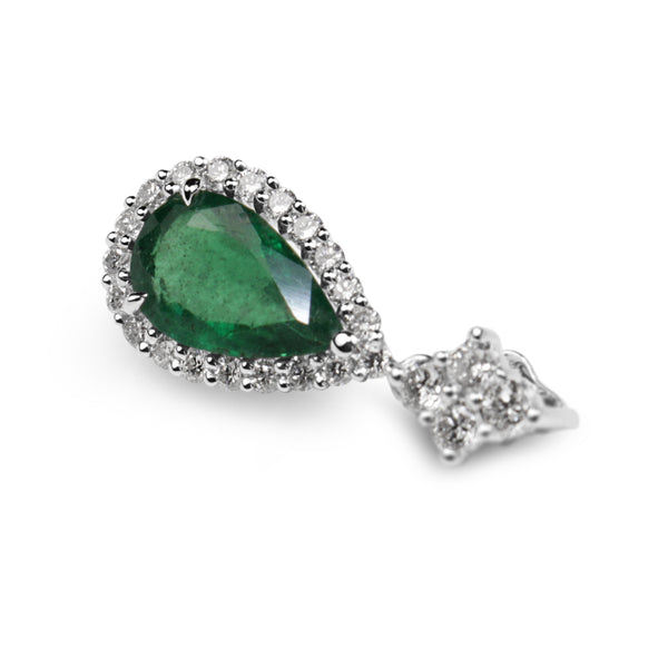 18ct White Gold Pear Emerald and Diamond Halo Pendant