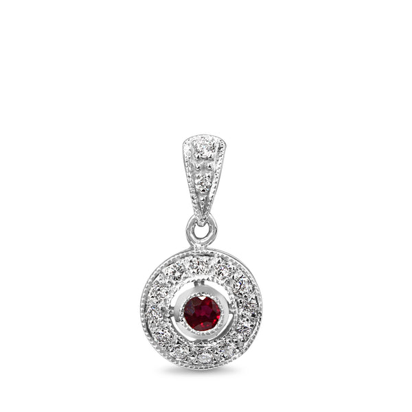 9ct White Gold Ruby and Diamond Halo Pendant