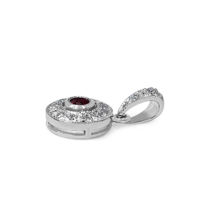 9ct White Gold Ruby and Diamond Halo Pendant