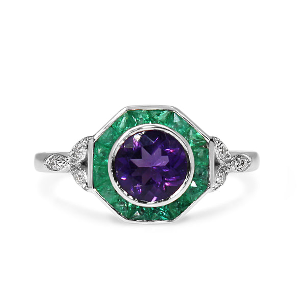 9ct White Gold Amethyst, Emerald and Diamond Deco Style Ring
