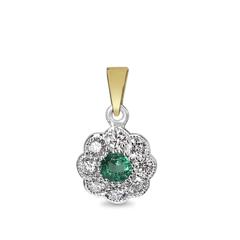 9ct Yellow and White Gold Emerald and Diamond Daisy Pendant