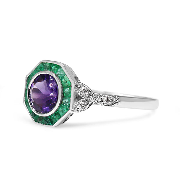 9ct White Gold Amethyst, Emerald and Diamond Deco Style Ring