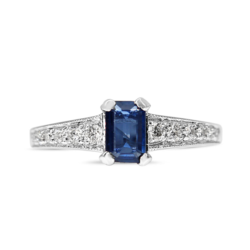 18ct White Gold Emerald Cut Sapphire and Diamond Ring