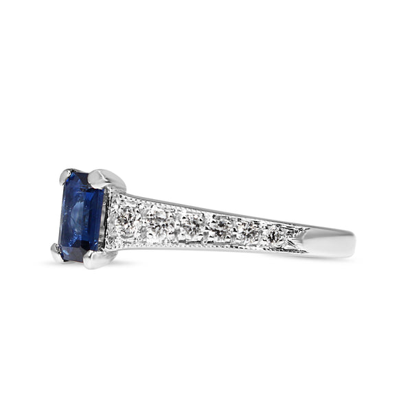 18ct White Gold Emerald Cut Sapphire and Diamond Ring