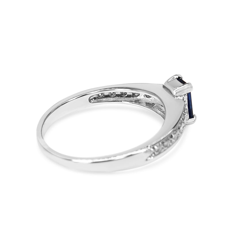 18ct White Gold Emerald Cut Sapphire and Diamond Ring