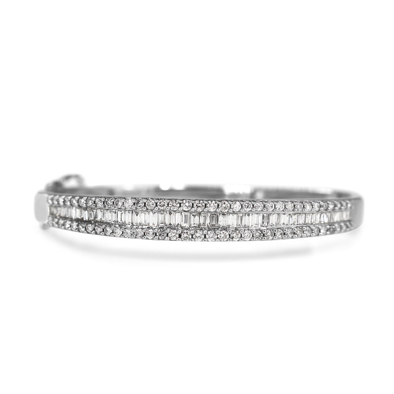 14ct White Gold Vintage Baguette and Brilliant Cut Diamond Hinged Bangle