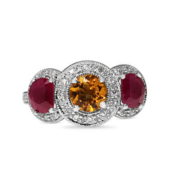 18ct White Gold Citrine, Ruby and Diamond 3 Stone Halo Ring