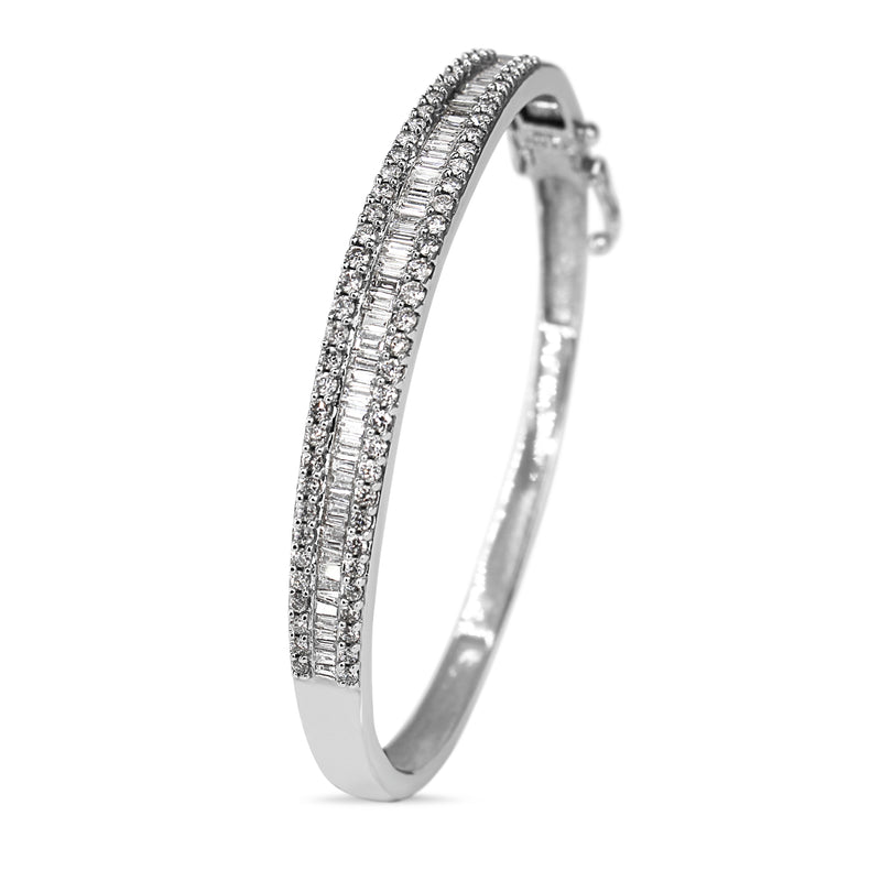 14ct White Gold Vintage Baguette and Brilliant Cut Diamond Hinged Bangle