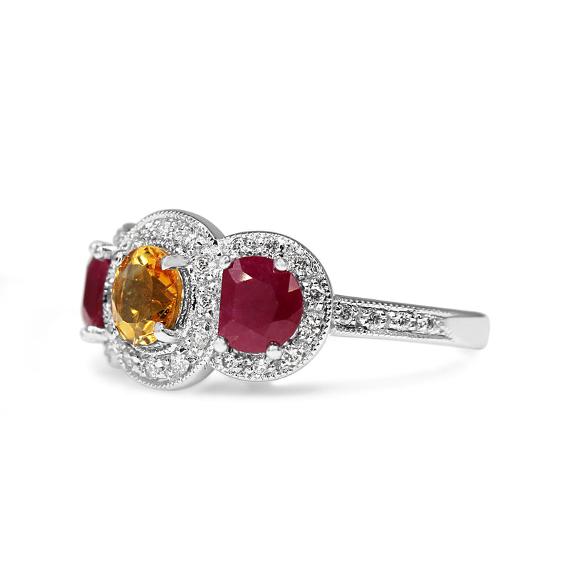 18ct White Gold Citrine, Ruby and Diamond 3 Stone Halo Ring