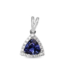 18ct White Gold Trillion Cut Tanzanite and Diamond Halo Pendant