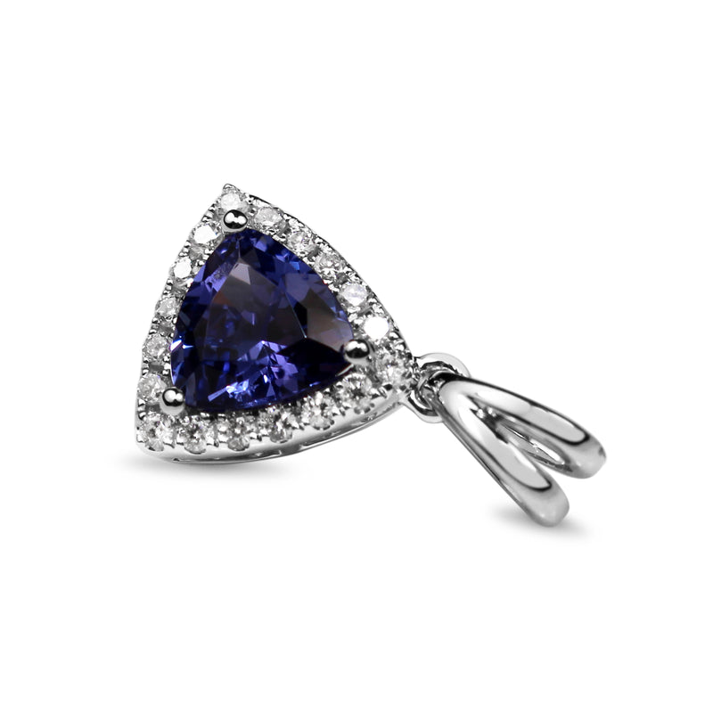 18ct White Gold Trillion Cut Tanzanite and Diamond Halo Pendant