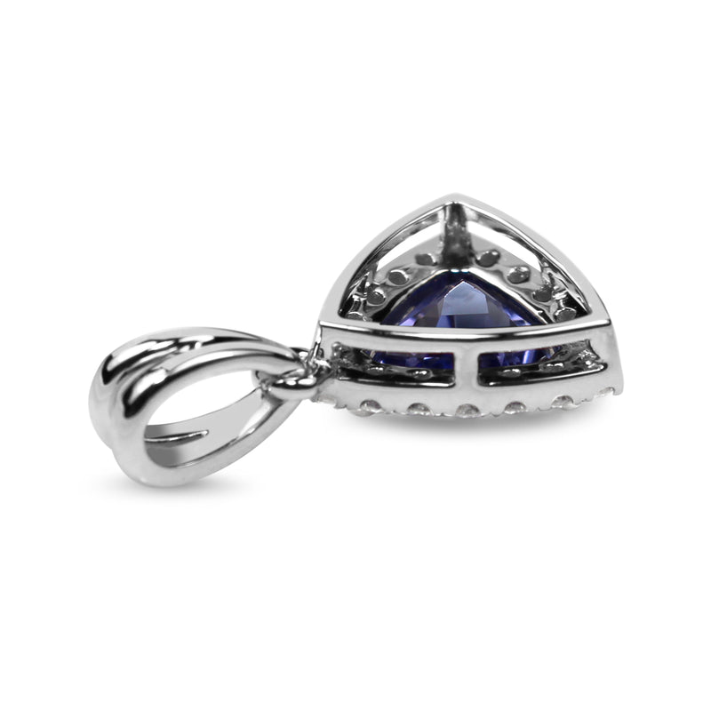 18ct White Gold Trillion Cut Tanzanite and Diamond Halo Pendant