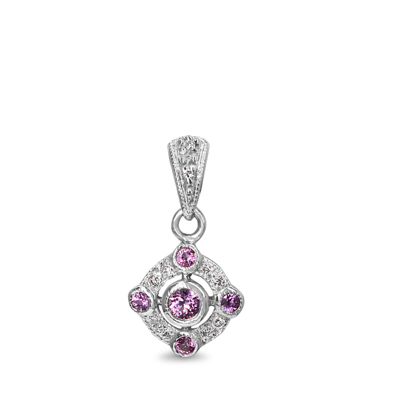 9ct White Gold Pink Sapphire and Diamond Deco Style Pendant