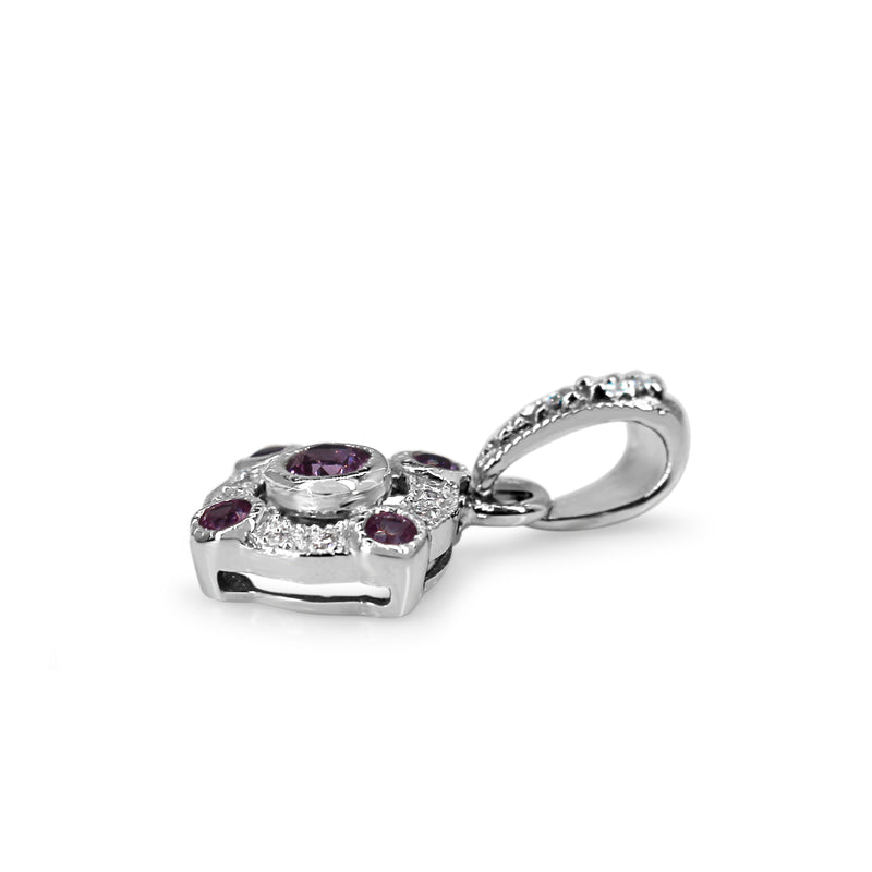 9ct White Gold Pink Sapphire and Diamond Deco Style Pendant