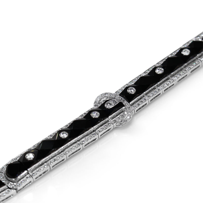 18ct White Gold Faceted Onyx and Diamond Buckle Bracelet