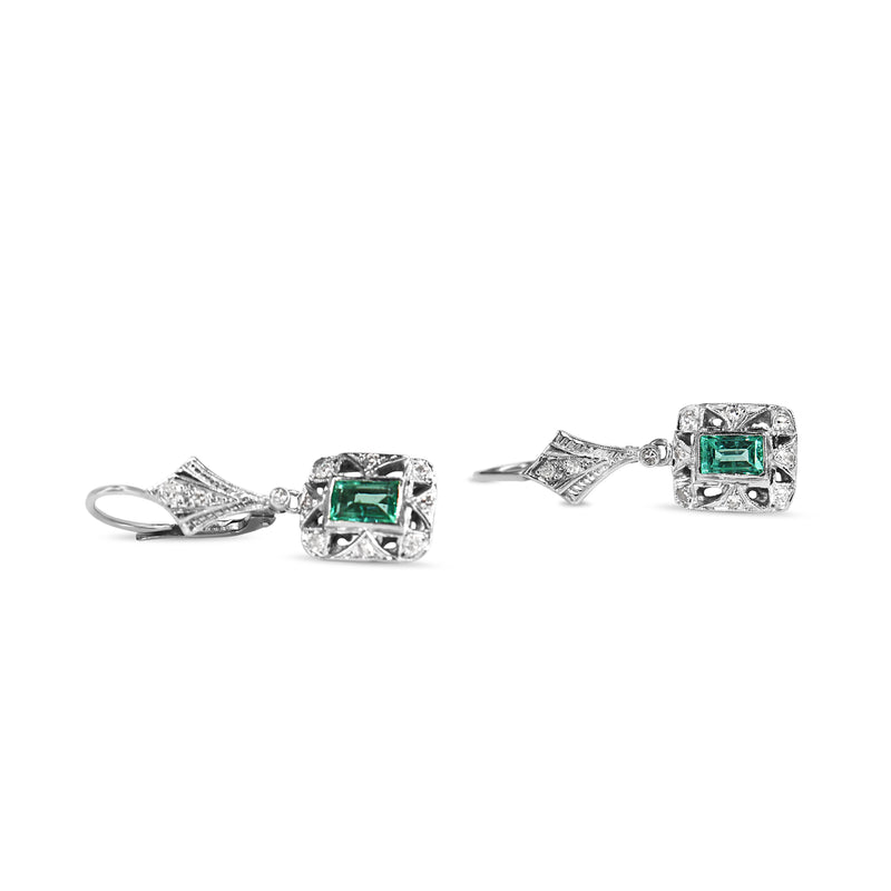 Palladium Art Deco Emerald and Single Cut Diamond Earrings