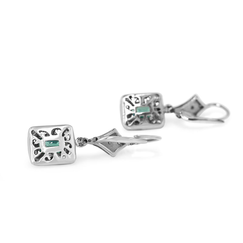 Palladium Art Deco Emerald and Single Cut Diamond Earrings