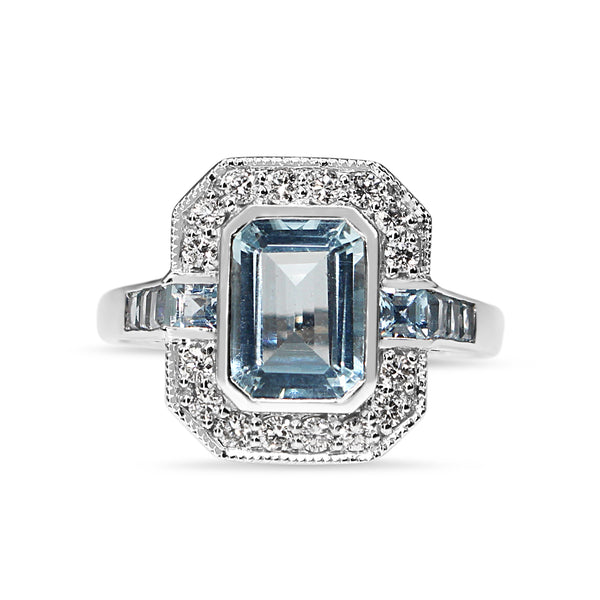 9ct White Gold Aquamarine and Diamond Halo Ring