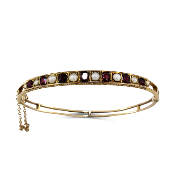 9ct Yellow Gold Antique Garnet and Pearl Bangle