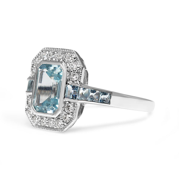 9ct White Gold Aquamarine and Diamond Halo Ring