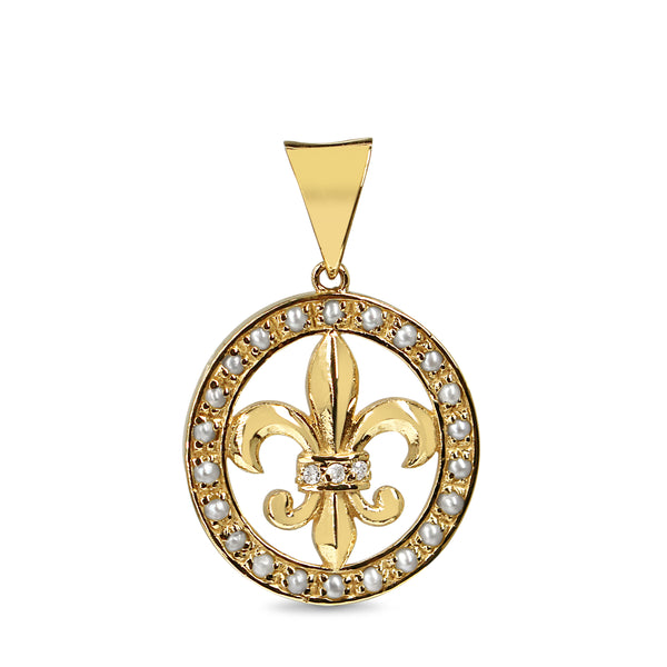 9ct Yellow Gold Pearl and Diamond Fleur De Lis Pendant